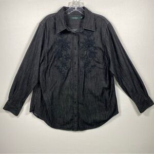 Lauren Ralph Lauren denim Black Floral Embroidered Button Down Shirt 1x women